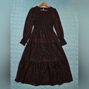Fashion Elegant‎ Black Tiered Chiffon Long Sleeve Maxi Dress Size M